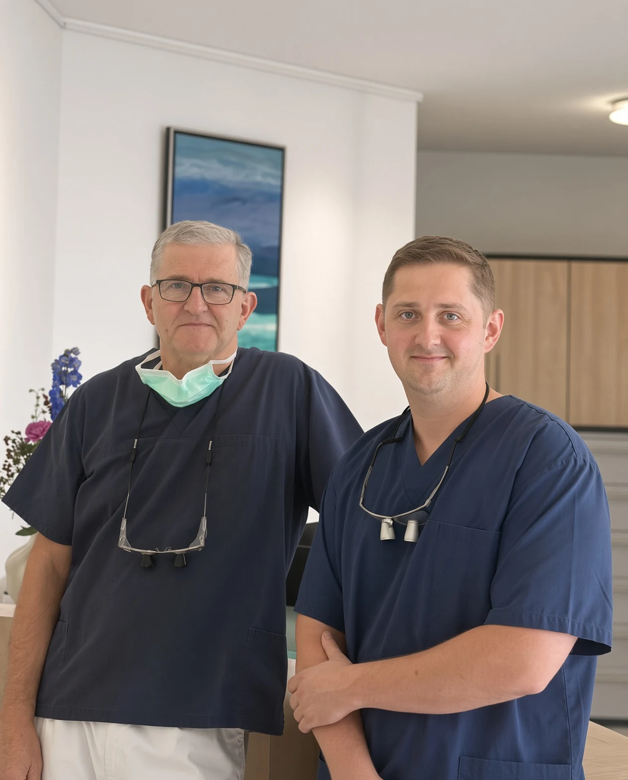 Dr. med. dent. Roland Handermann und Dr. med. dent. Leon Handermann am Empfang ihrer Zahnarztpraxis in Speyer